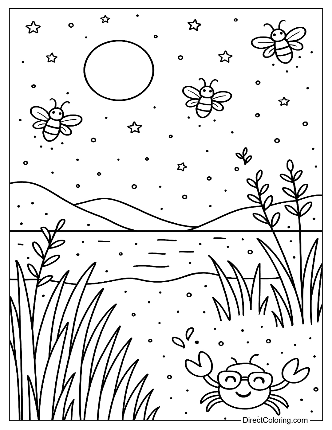 Summer Night coloring page with fireflies flying and sparkling above the grass